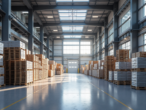 现代物流公司外景,大型仓库建筑,蓝色天空背景